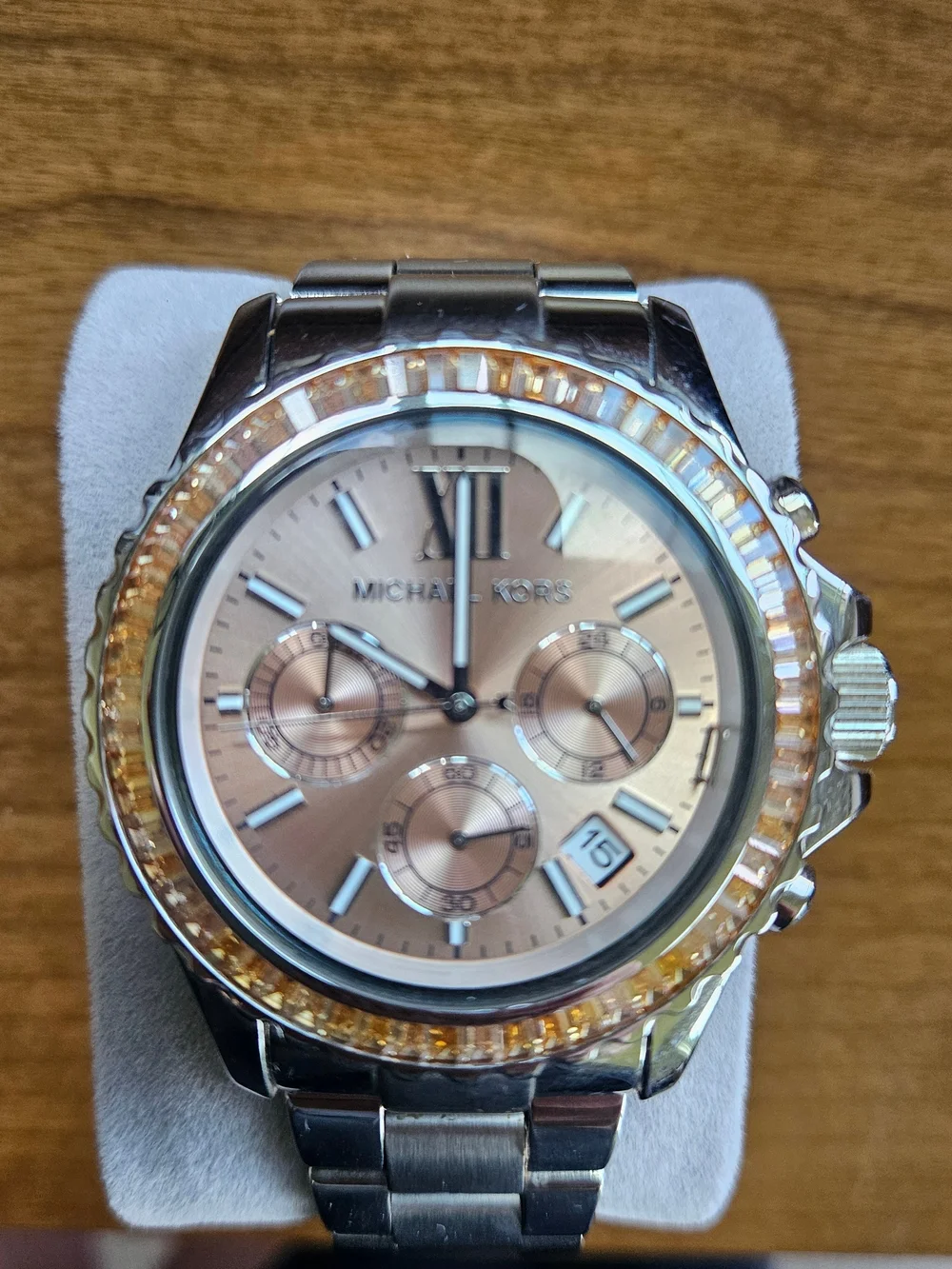 Michael Kors Silver-Tone Watch with Champagne Dial and Pink Crystal Bezel